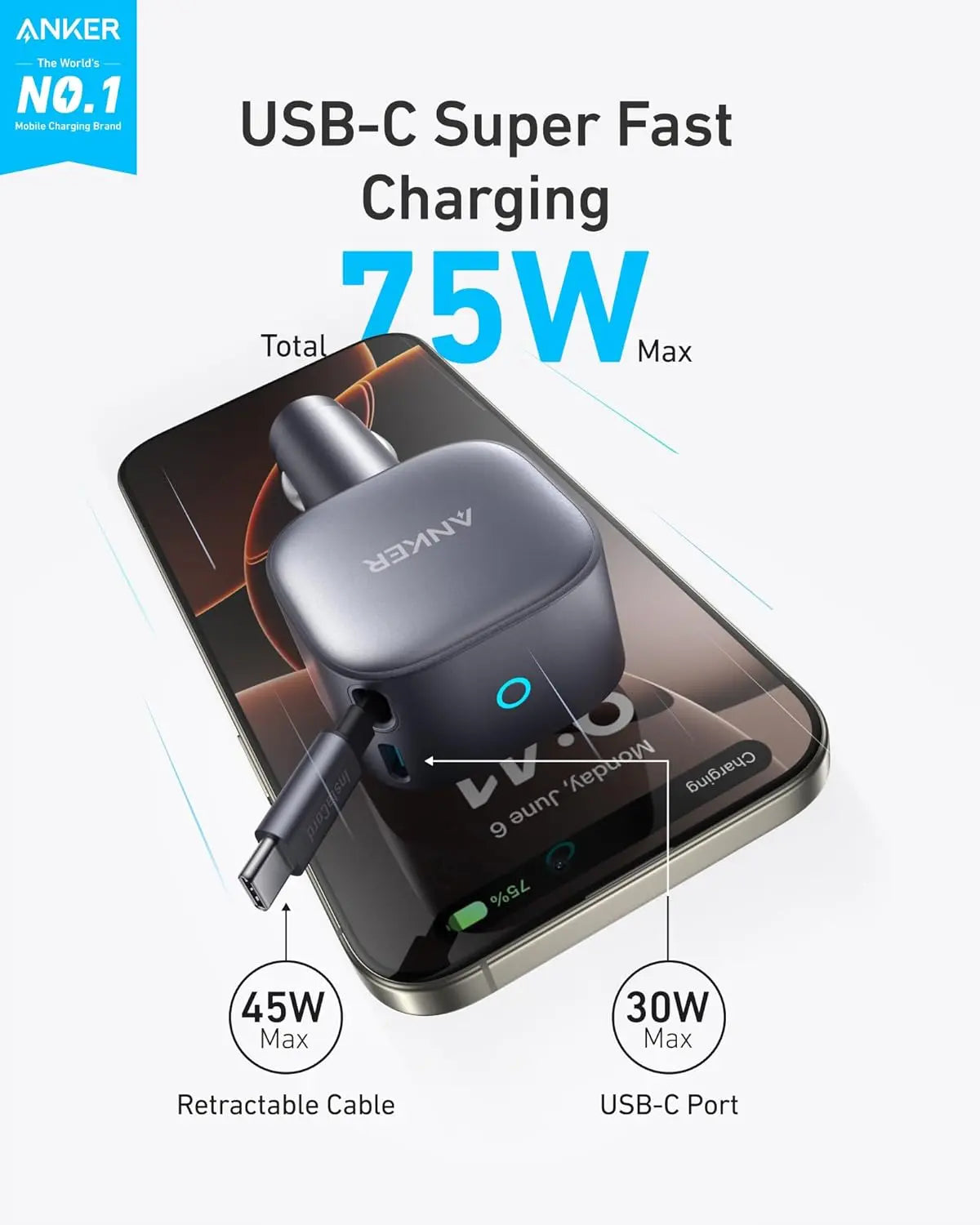 ANKER CAR CHARGER 75W USB-C ATACHED CABLE A2738 - Image 2