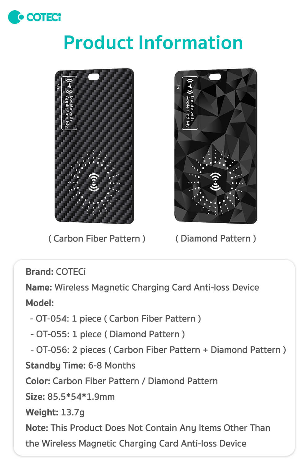 COTECI WIRELESS MAGNETIC CHARGING CARD ANTI-LOSS DEVICE OT-054/55 - Image 2