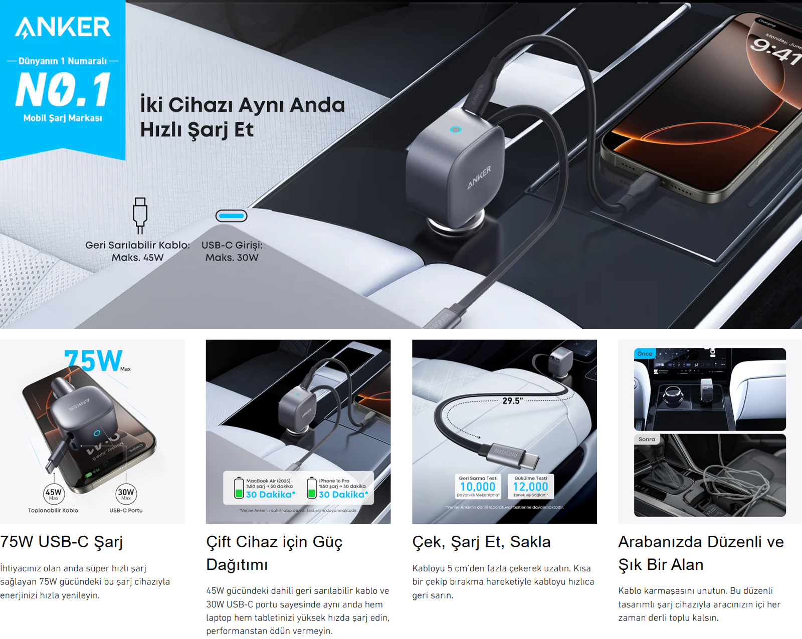 ANKER CAR CHARGER 75W USB-C ATACHED CABLE A2738 - Image 5